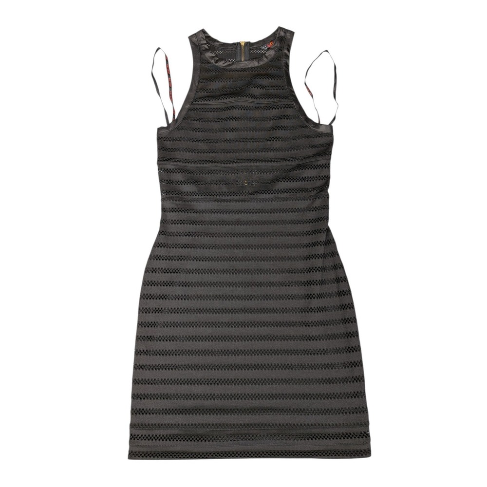 G by GUESS Women Black Open Knit Halter Bodycon Mini Dress Gold Zipper Small